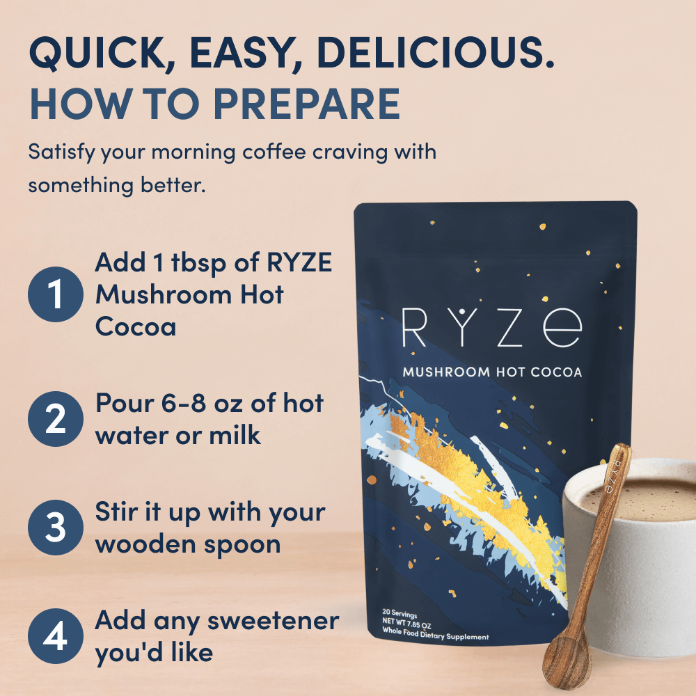 RYZE Mushroom Hot Cocoa — Organic Instant Cocoa with L-Theanine & Melatonin, 20 Servings F5
