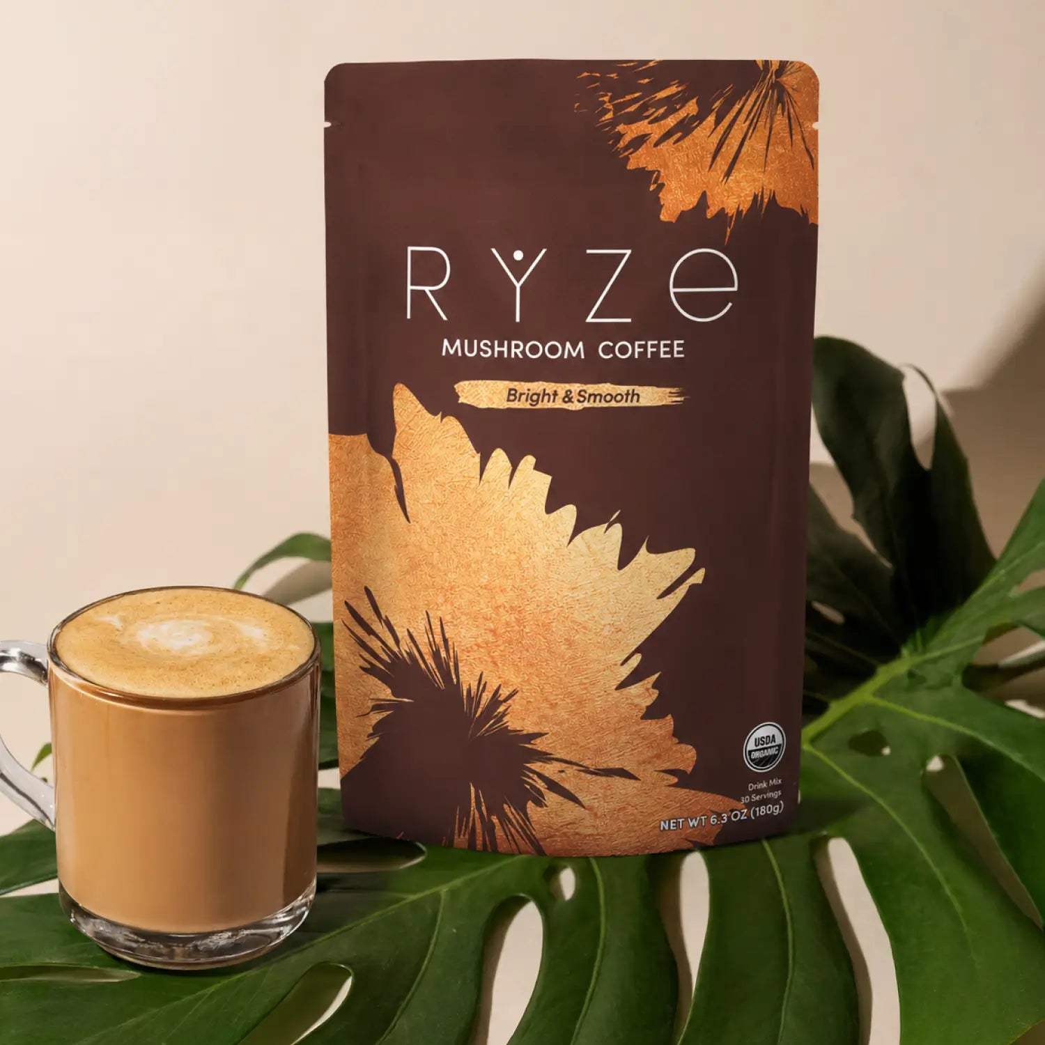 RYZE Mushroom Coffee — Organic Instant Coffee with Cordyceps & Reishi, 30 Servings Q6