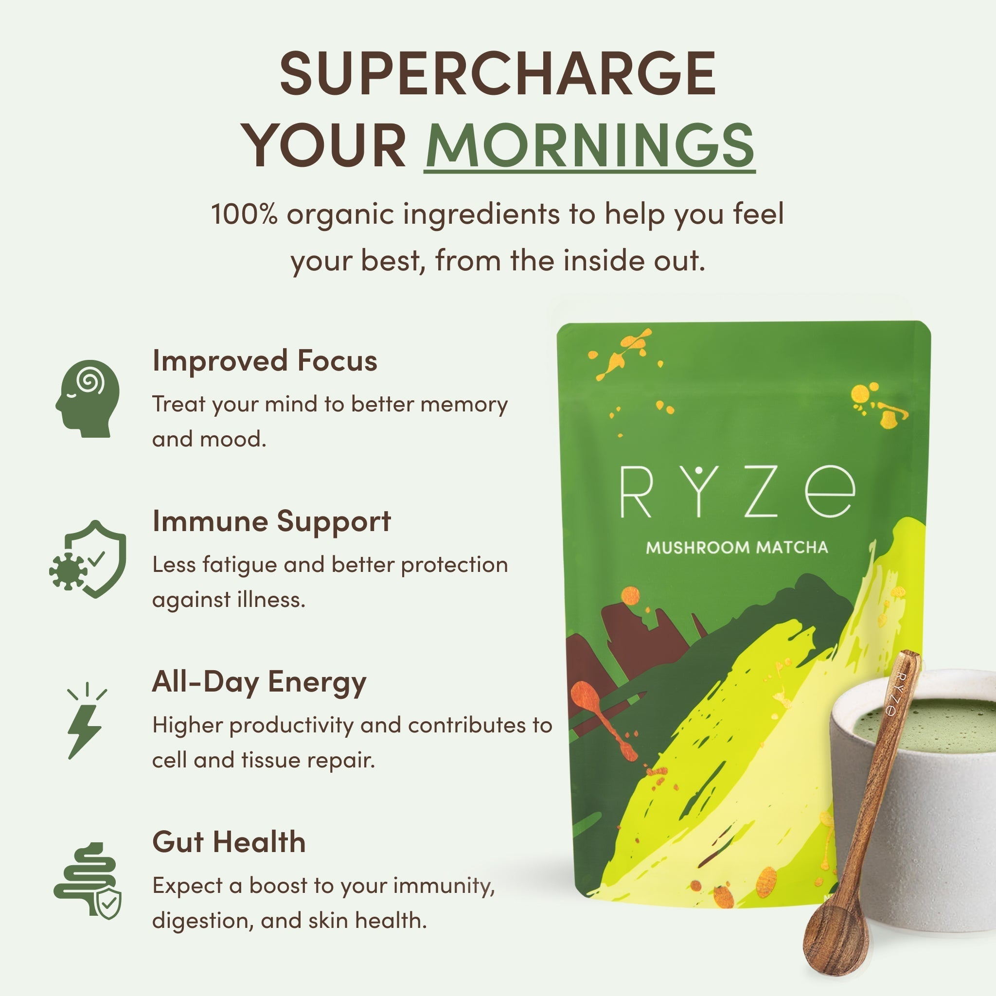 RYZE Mushroom Matcha — Organic Instant Matcha Latte with Lion's Mane & King Trumpet, 30 Servings Q5