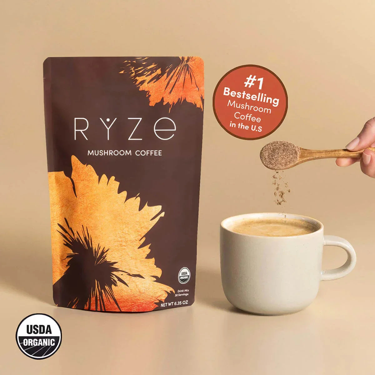 RYZE Mushroom Coffee — Organic Instant Coffee with Cordyceps & Reishi, 30 Servings Q6