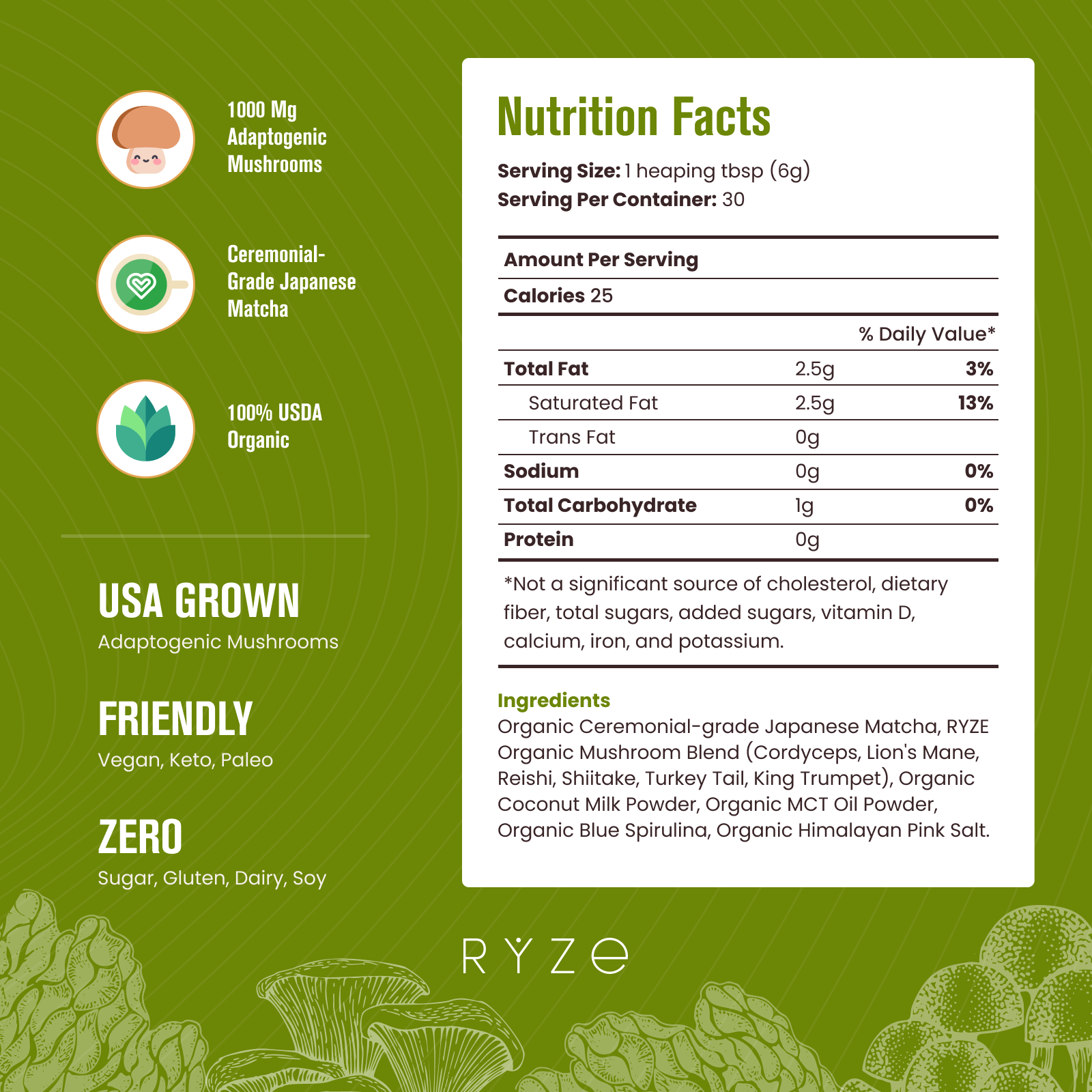 RYZE Mushroom Matcha - with 6 Organic Adaptogenic Mushrooms Grown In USA and Ceremonial-Grade Japanese Matcha S3